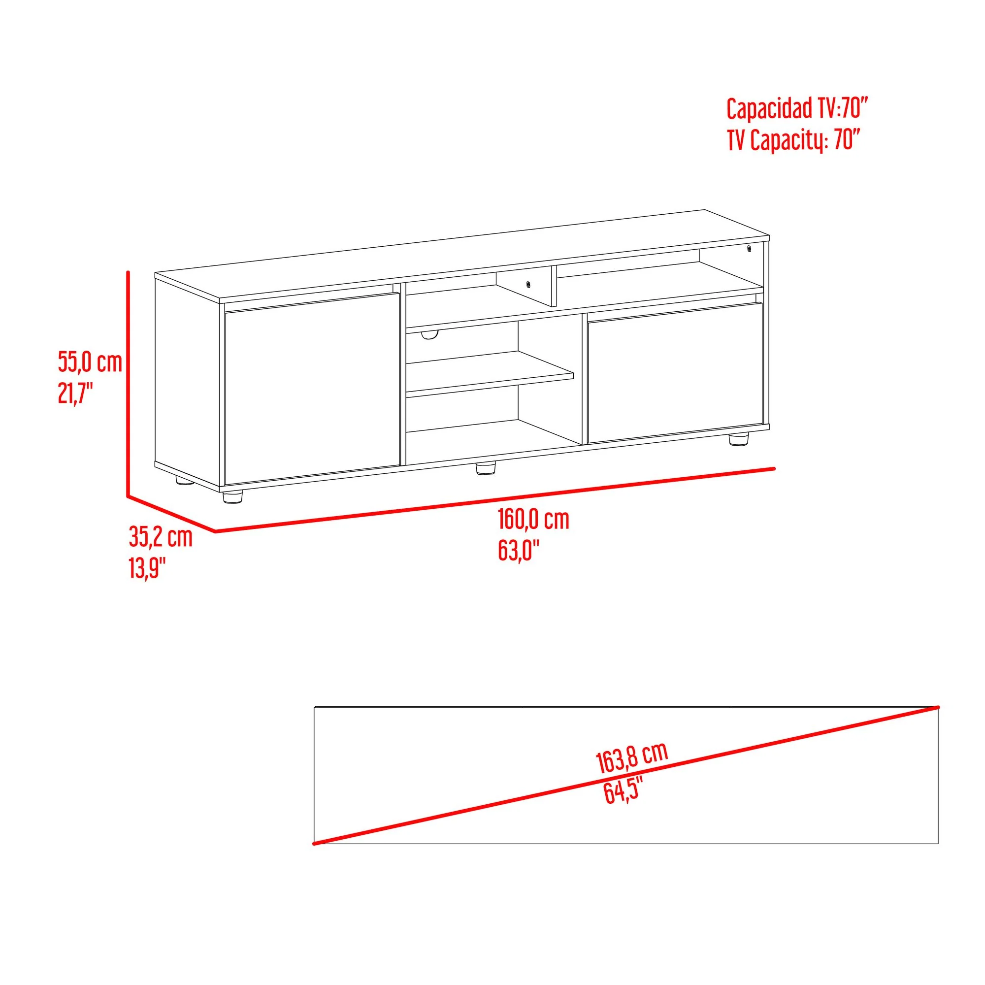 Rack de TV Pino Fresno Europeo 160x55cm Para TV Hasta 70" Pulgadas con Seis Compartimientos - Imagen 8
