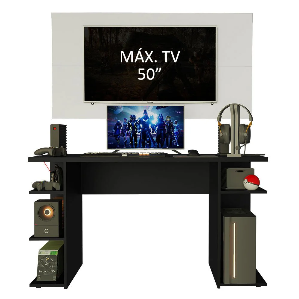 Combo Escritorio Gamer y Panel de TV Negro y Blanco 136x75cm para TV hasta 50 Pulgadas Sin Cajones y con Organizador de Libros y Consolas - Imagen 2