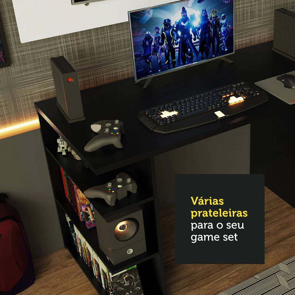 Combo Escritorio Gamer y Panel de TV Negro y Blanco 136x75cm para TV hasta 50 Pulgadas Sin Cajones y con Organizador de Libros y Consolas - Imagen 8